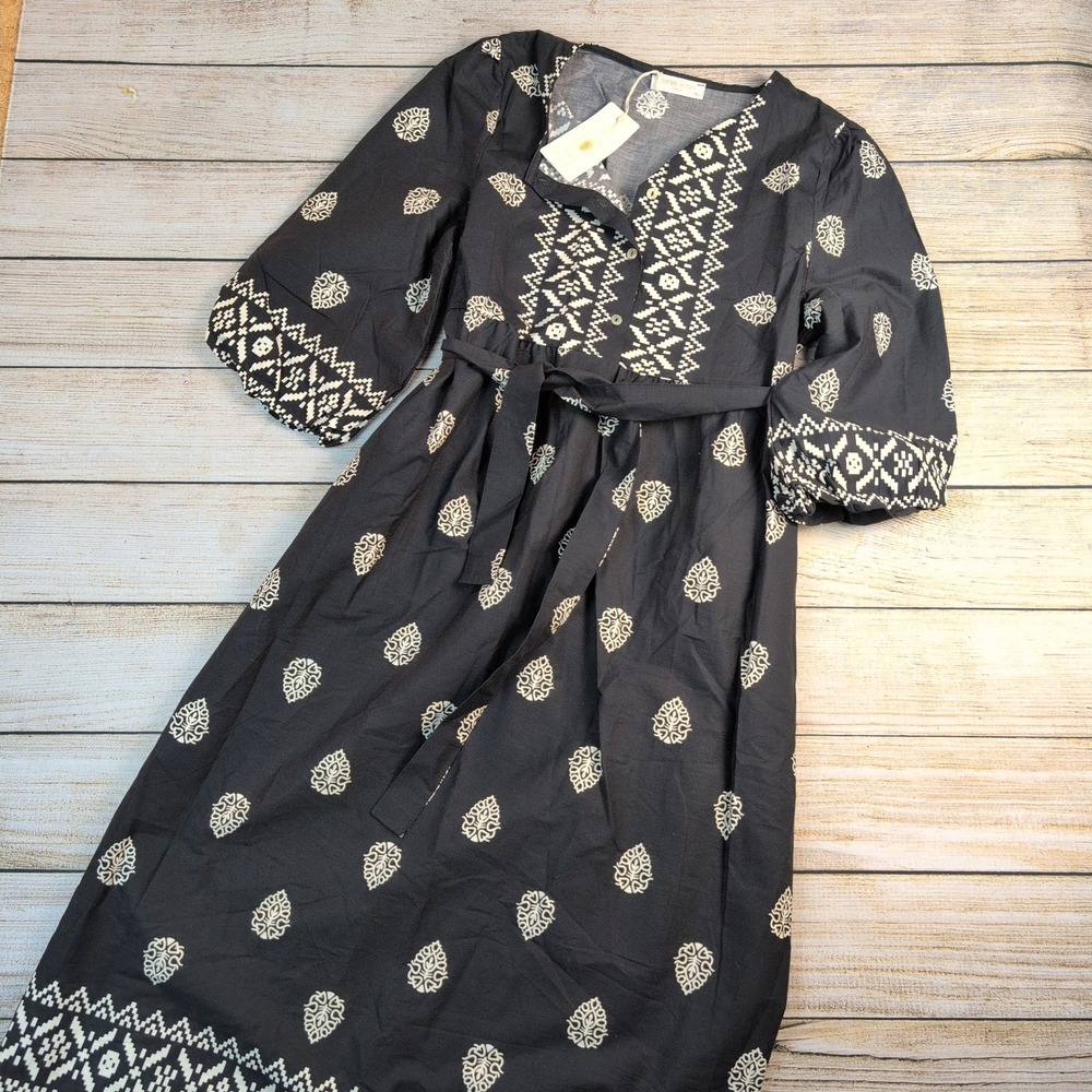 Spighe Di Lino Italy Black Cotton Print Midi Dress XL‎ NWT natural fiber